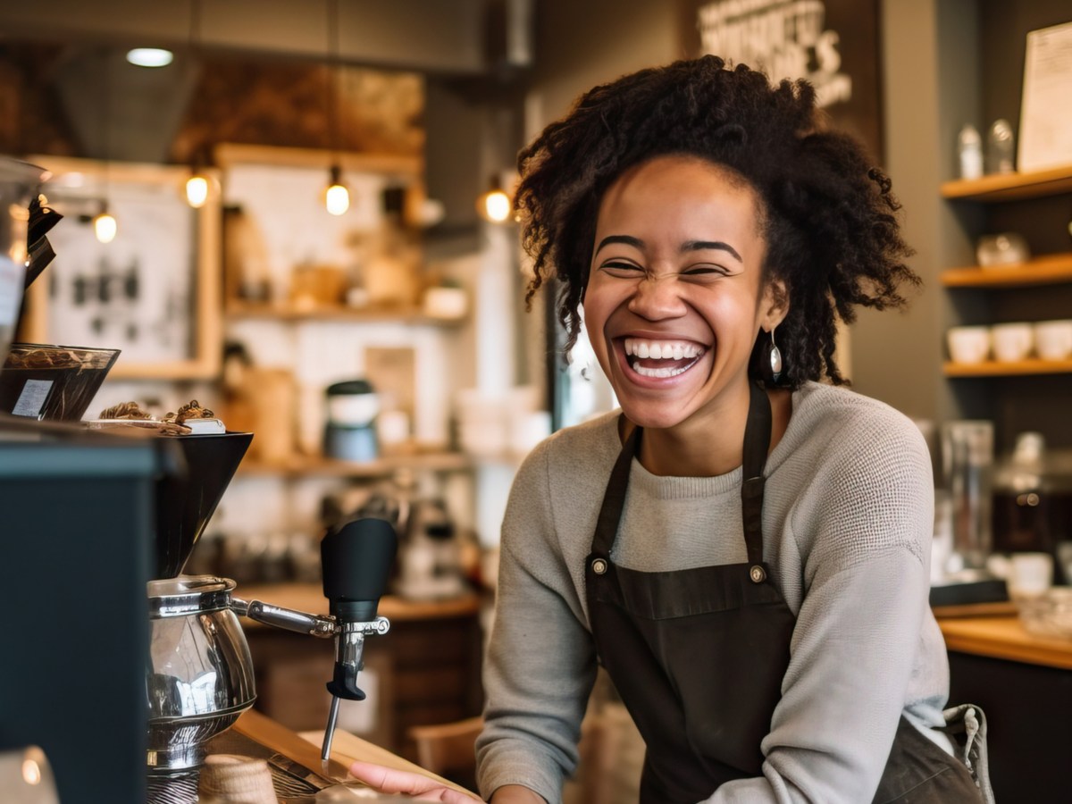 Junge Frau arbeitet als Barista und lacht fröhlich.