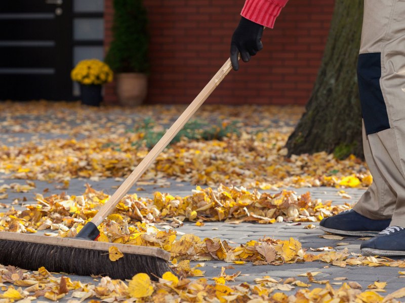 Person fegt Laub vor der Haust&uuml;re