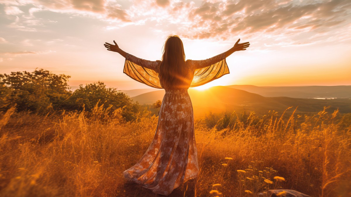 Frau auf einem Feld im Sonnenuntergang in langem Kleid