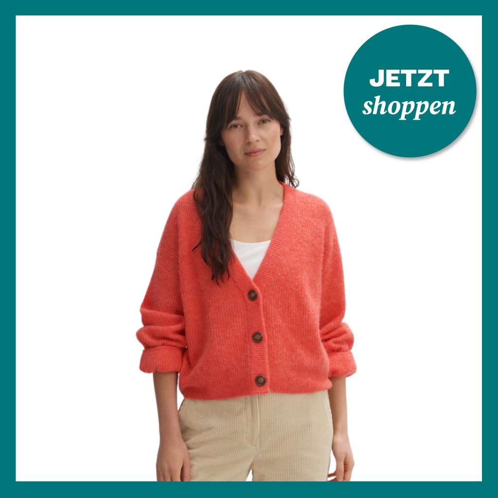 Orangefarbener Cardigan aus der aktuellen Opus Herbst-Kollektion.