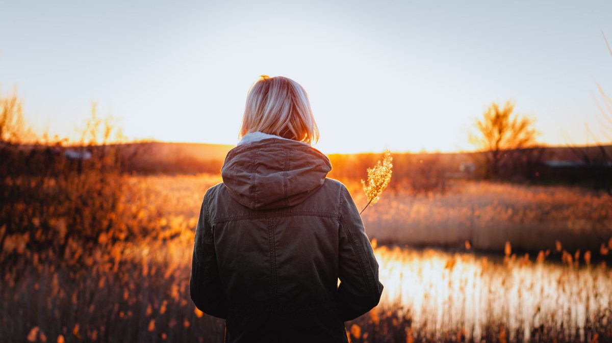 Frau die im Wald steht vor einem See während des Sonnenuntergangs