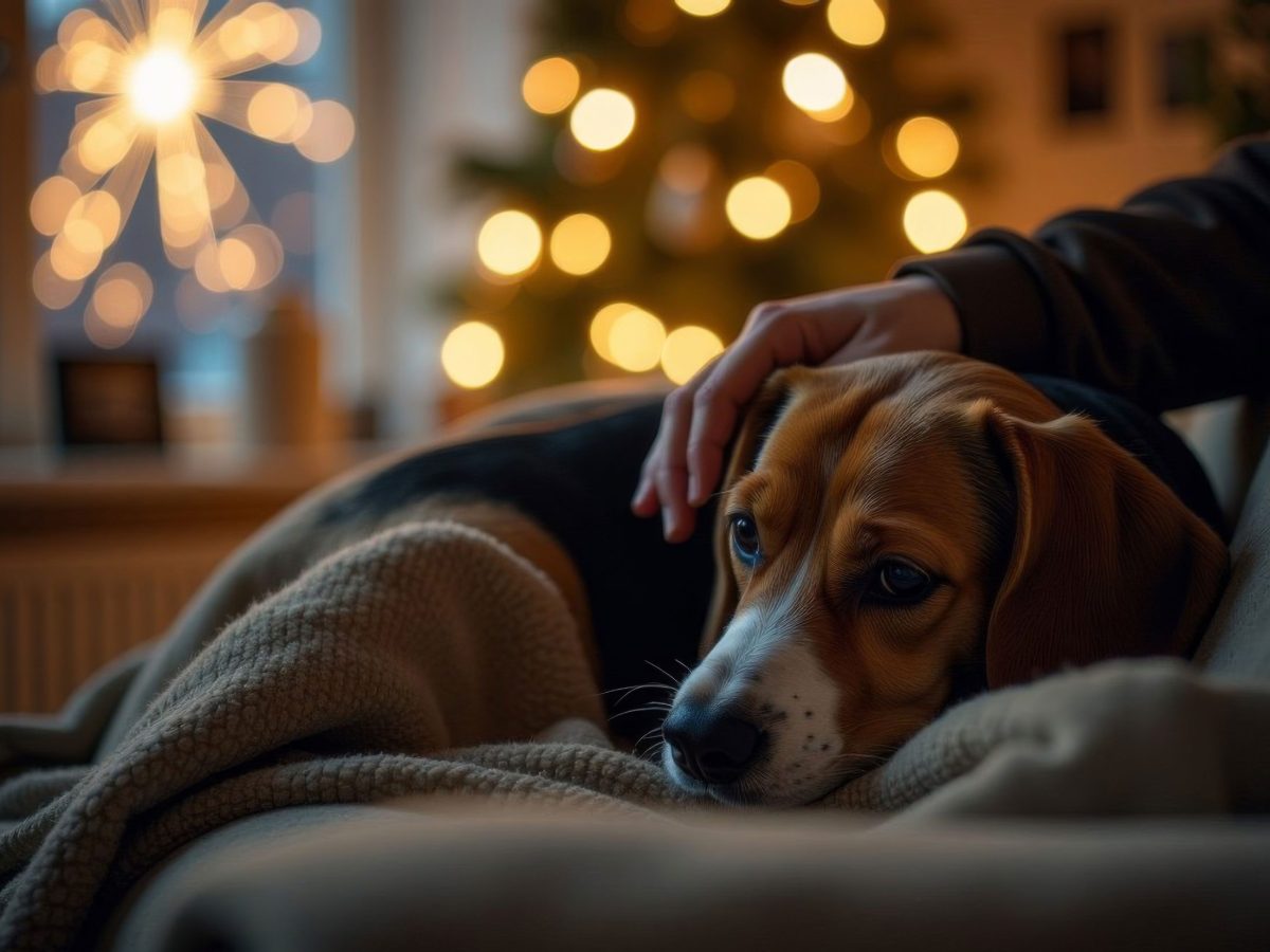 Generated with AI Der Beagle-Hund hat große Angst vor Feuerwerkskörpern. Der Besitzer versucht, das Tier zu beruhigen. Bitte werfen Sie keine Feuerwerkskörper