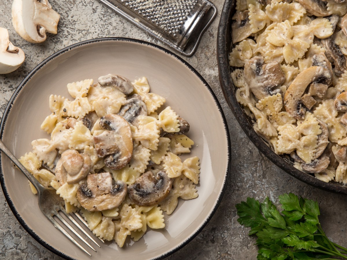 Nudelpfanne mit Pilzen und Sahnesoße auf tiefem Teller.