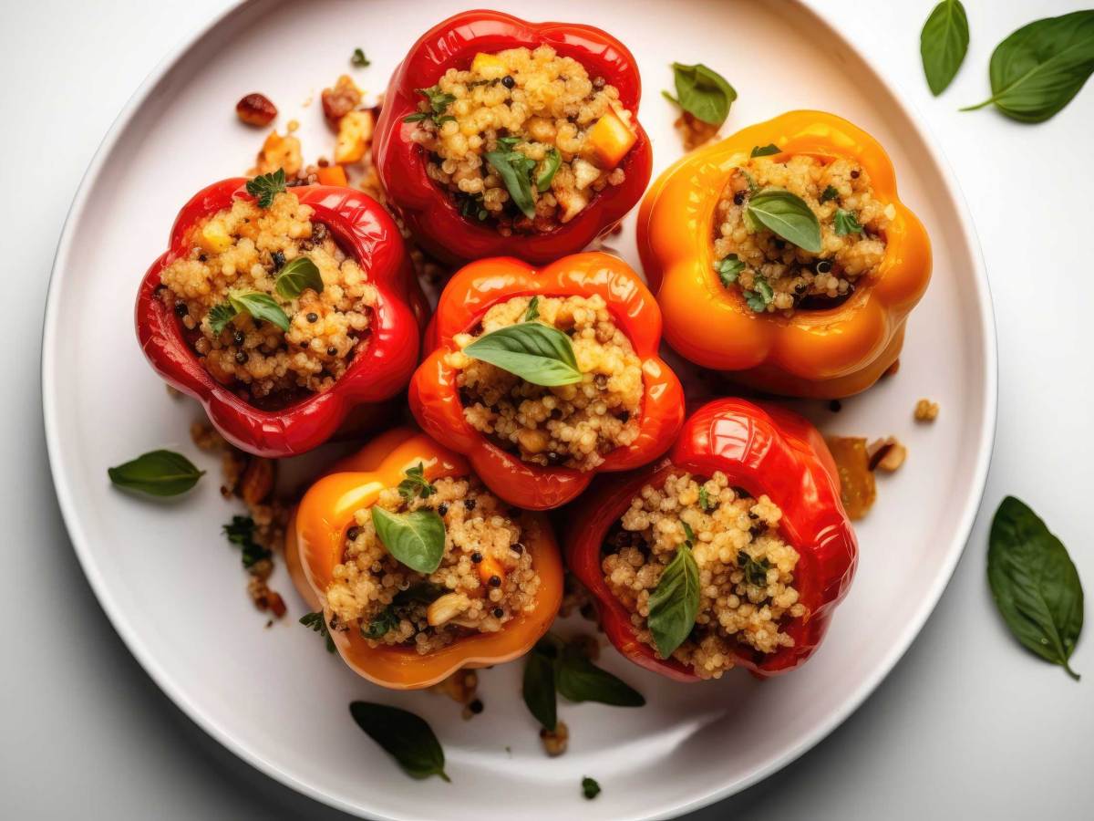 Gef&uuml;llte Paprikaschoten mit Gem&uuml;se und Quinoa auf wei&szlig;em Teller. Generative KI