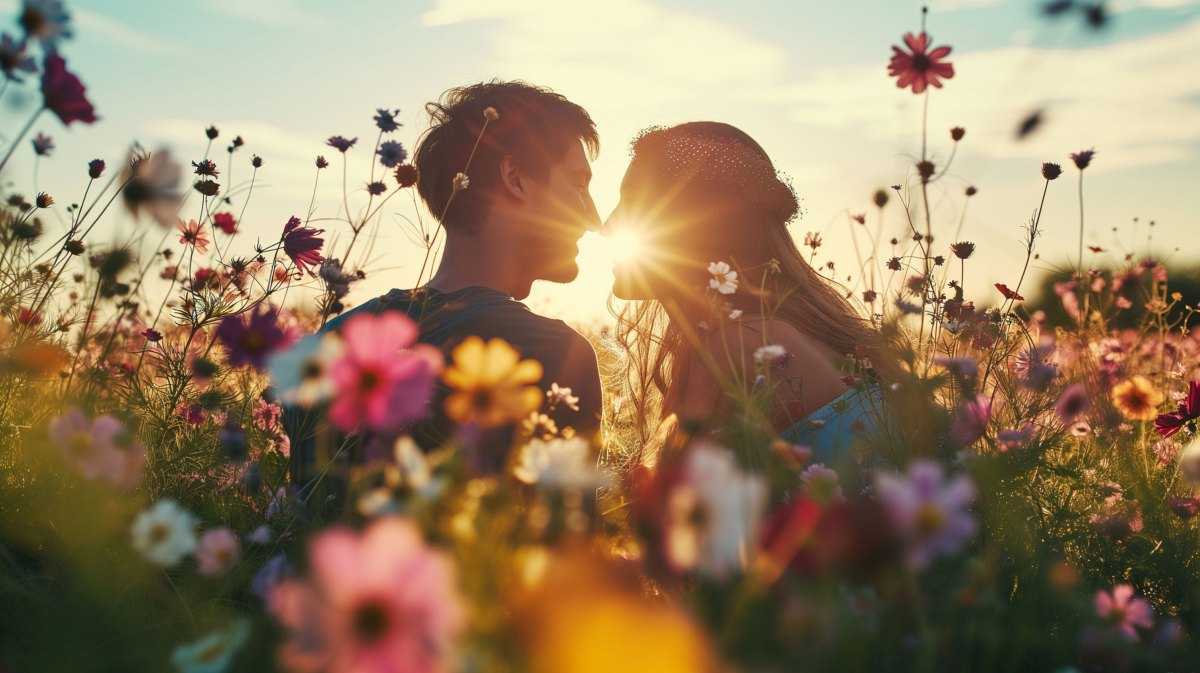 Verliebtes Pärchen bei Sonnenuntergang auf einer Blumenwiese