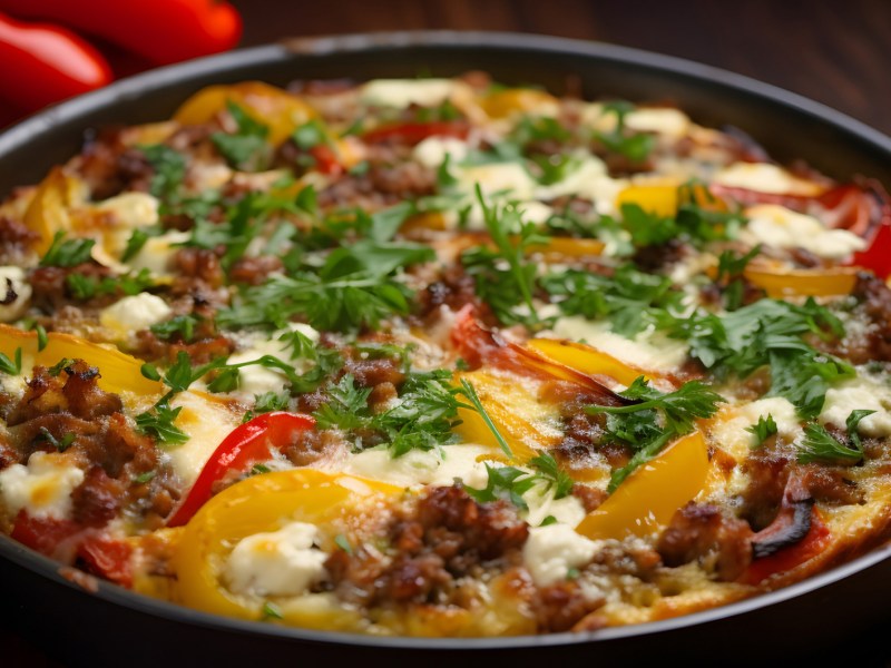 Auflauf mit Hackfleisch, Feta, Paprika und Tomaten.