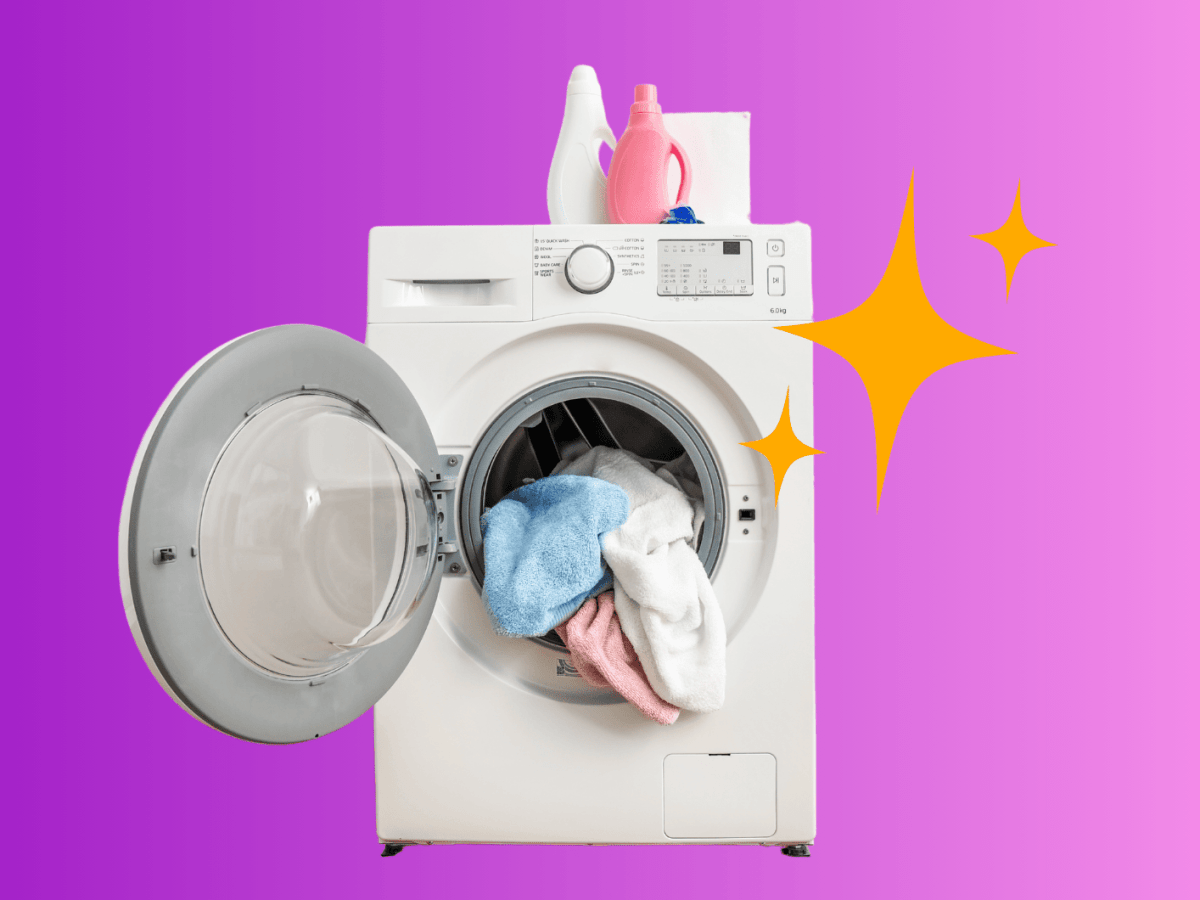 Waschmaschine auf knalligem Hintergrund.