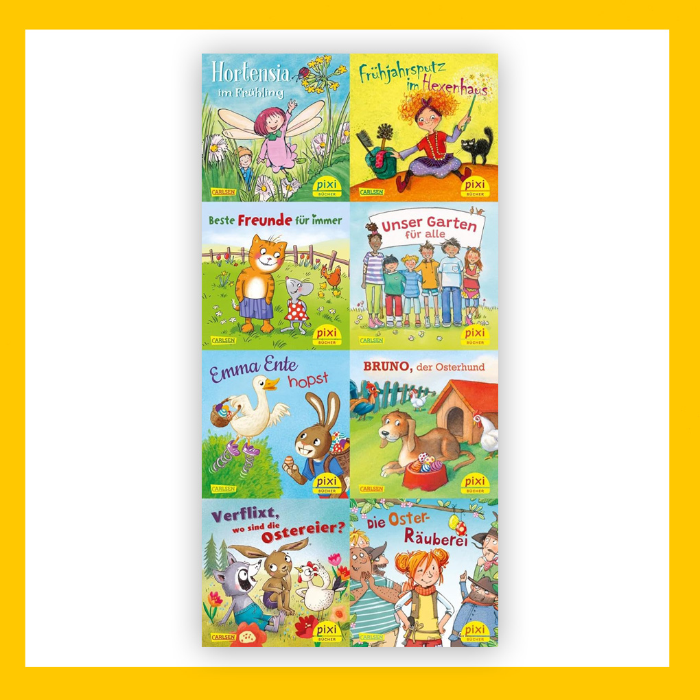 Produktbild der 8 Pixi-Bücher zum Thema Frühling und Ostern.