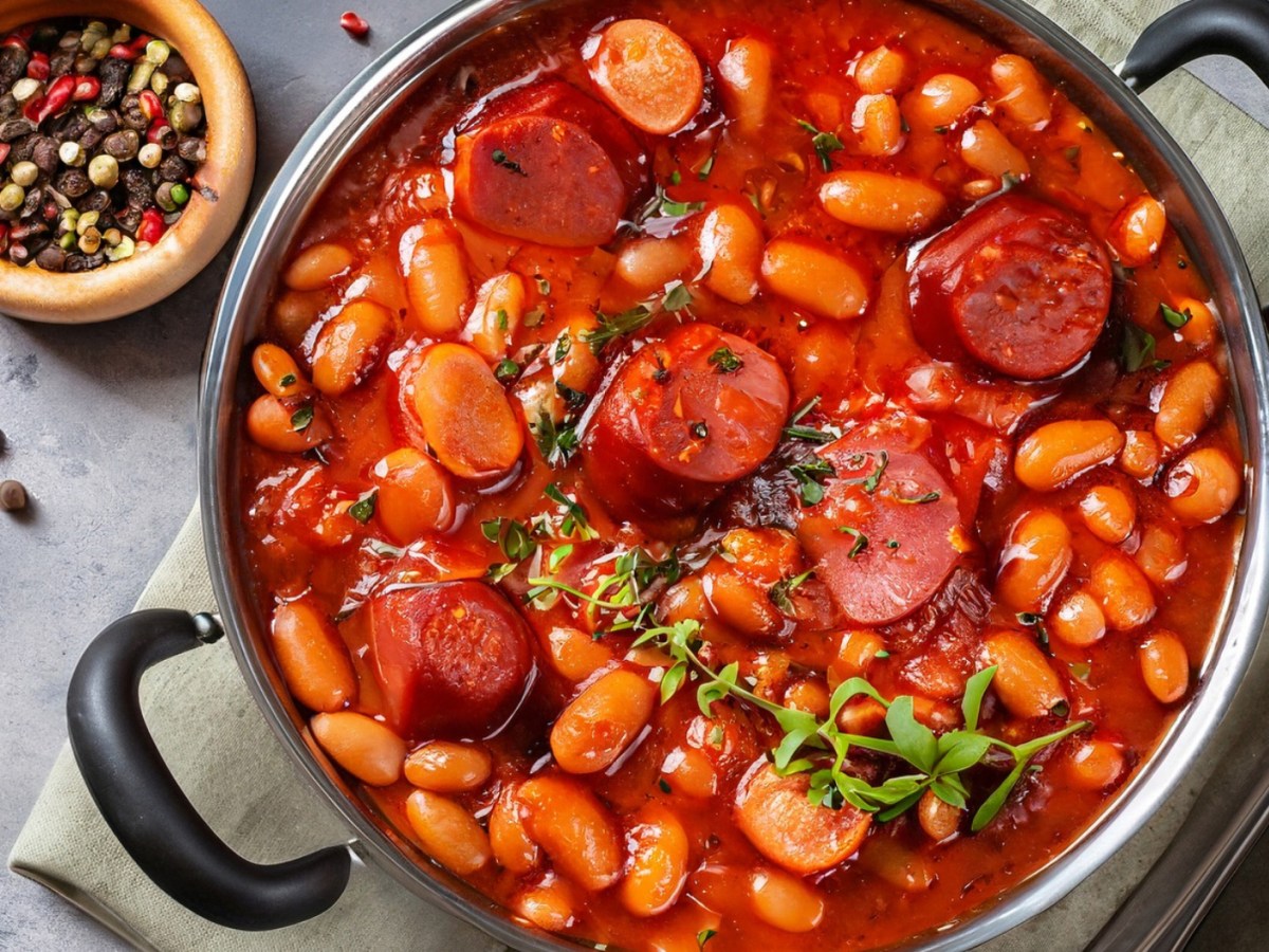 Eintopf mit weißen Bohnen, Tomaten und Wurst in Metalltopf.