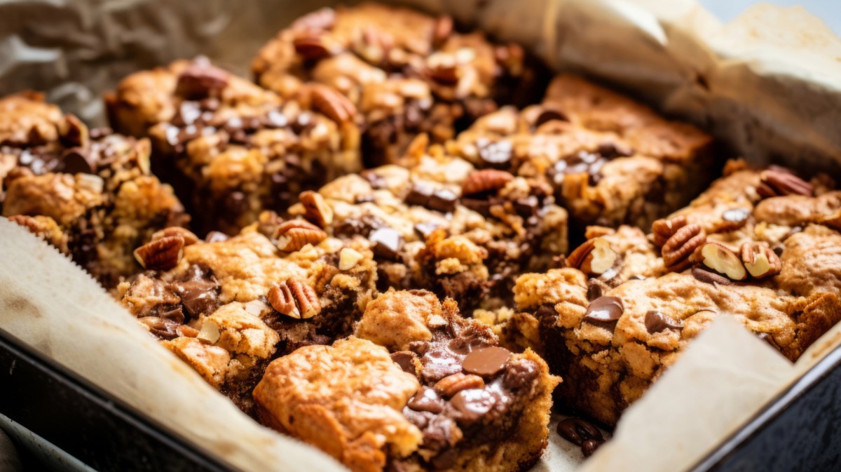 Blondies auf Backblech mit Pekannüssen und Schokolade.