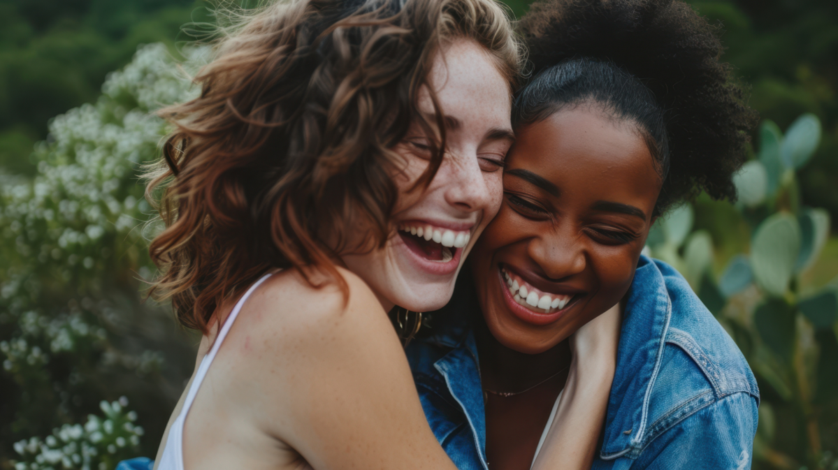 Zwei Frauen, die sich in den Armen liegen und lachen.