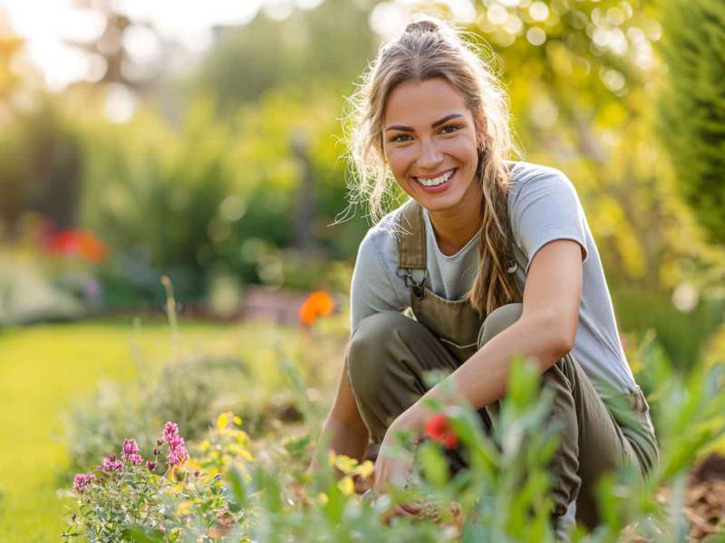 Junge Frau sitzt im Garten und bepflanzt ihr Beet.