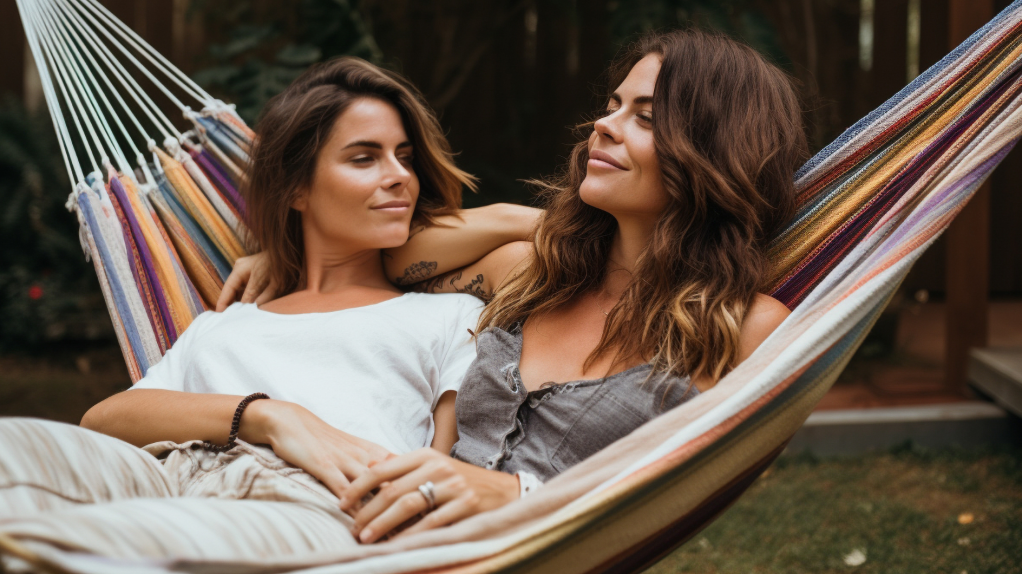 Queeres P&auml;rchen, dass gemeinsam auf einer H&auml;ngematte liegt und zufrieden schaut.