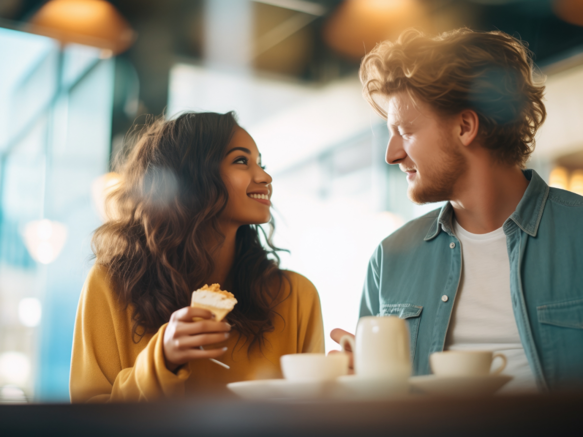 Mann und Frau in einem Caf&eacute;, die sich unterhalten und lachen.