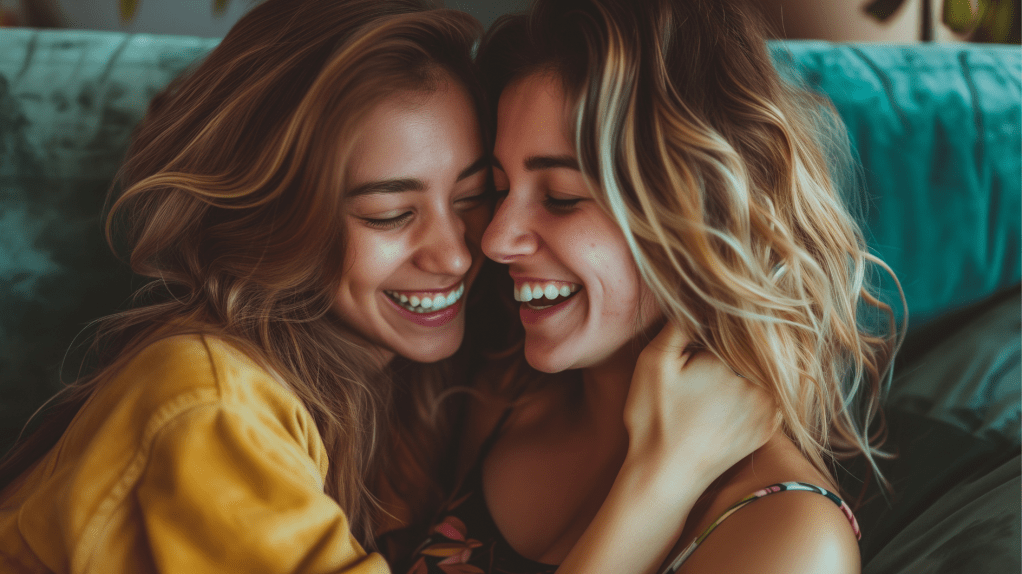 Lesbisches P&auml;rchen, das sich in den Armen h&auml;lt