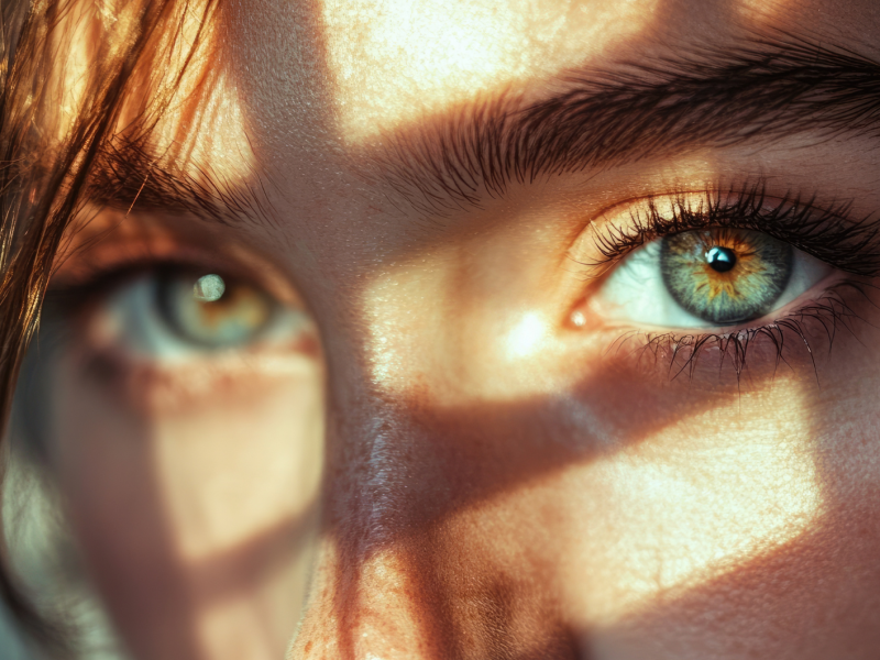 Frau mir roten Haaren und grünen Augen im Sonnenlicht.