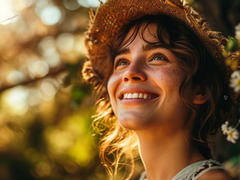Frau mit Hut auf dem Kopf, die im Wald steht und nach oben blickt und lächelt.