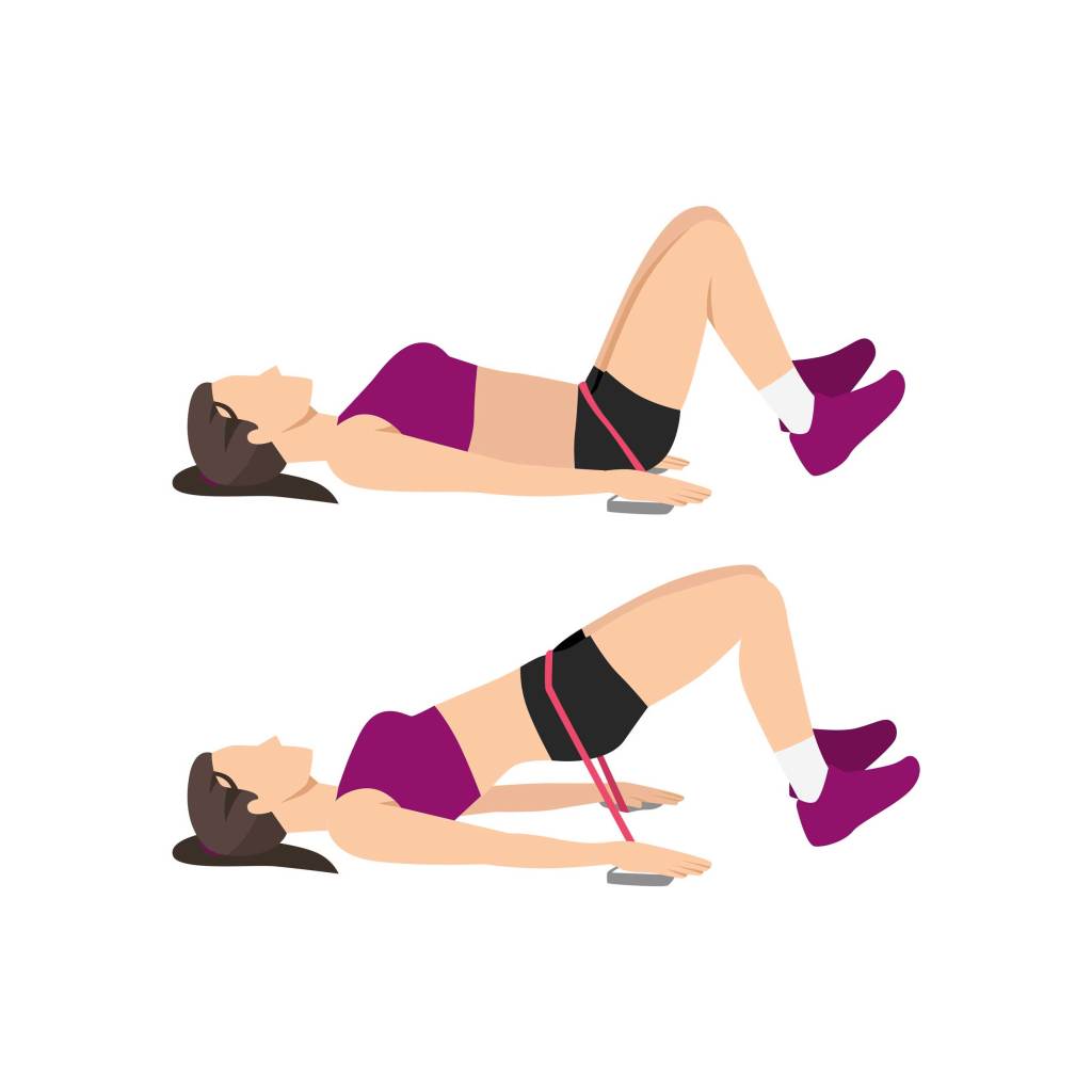 Frau macht Resistance-Band Gesäß Brücken Übung. Flache Vektor-Illustration isoliert auf weißem Hintergrund