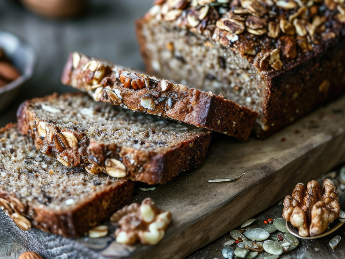 Angeschnittenes Körnerbrot auf einem Holzbrett.
