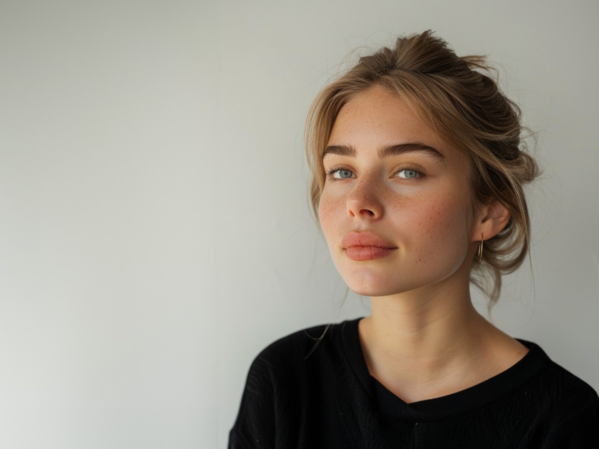 Junge Frau guckt sch&uuml;chtern in die Kamera.