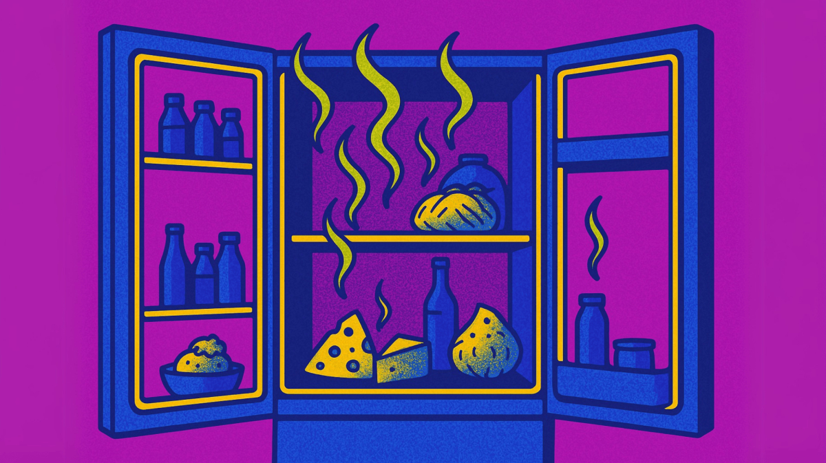 Illustration eines geöffneten Kühlschranks, der stinkt.