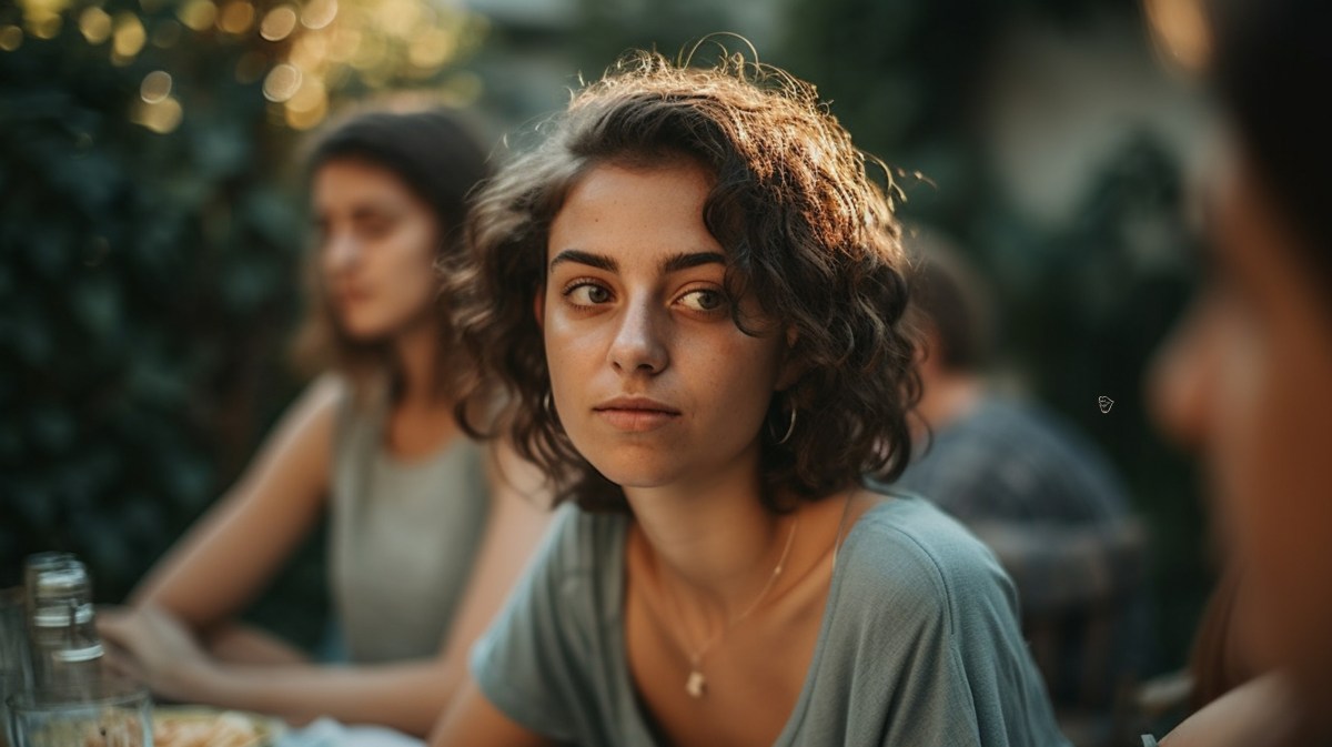 Frau mit kurzen braunen Haaren, die mit ernstem Blick zur Seite schaut.
