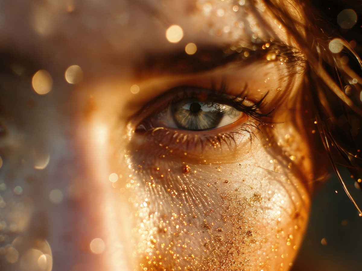KI-generierte Frau mit Nahaufnahme von dem Auge mit Glitzer.