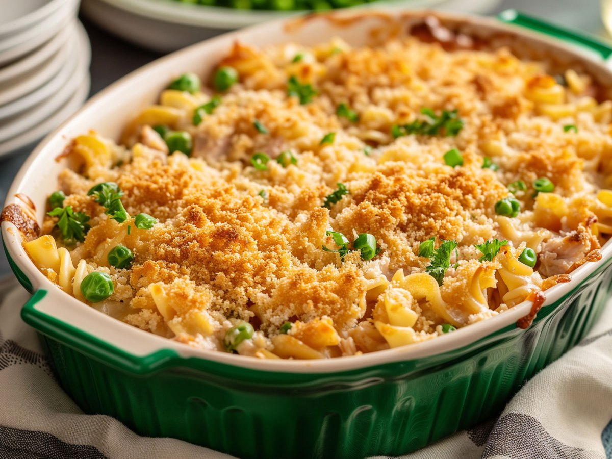 Thunfisch-Nudel-Auflauf in einer gr&uuml;nen Auflaufform.