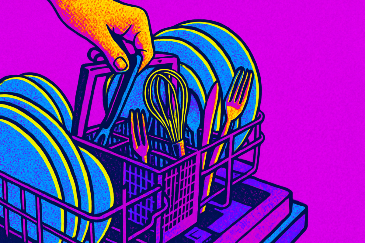 Popart Bild einer Hand, die Spülmaschine einräumt