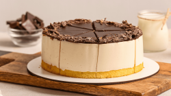 Cremetorte mit Kuchenboden und Schokoglasur.