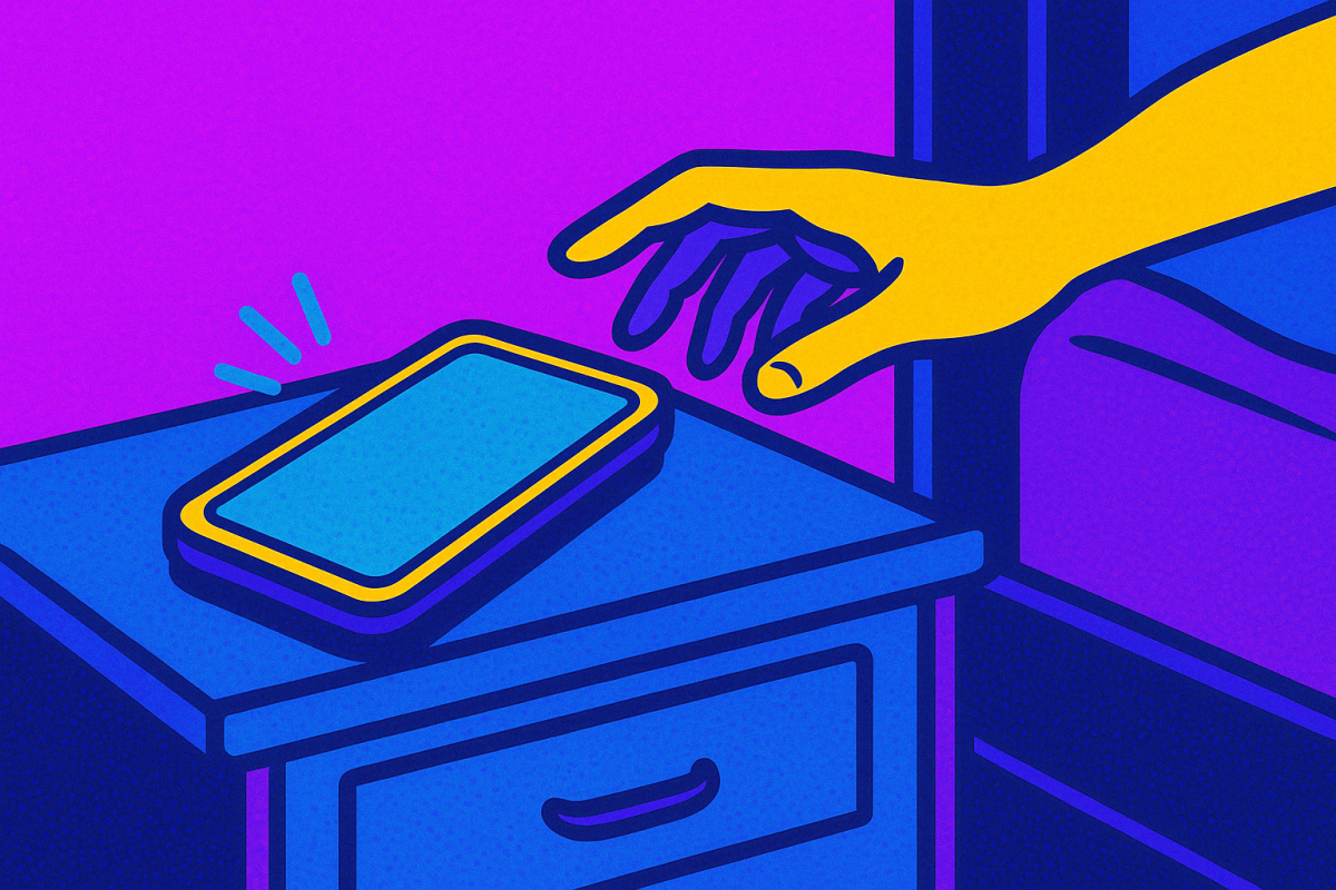 Pop Art Bild eines Smartphones auf Nachttisch, Hand greift danach