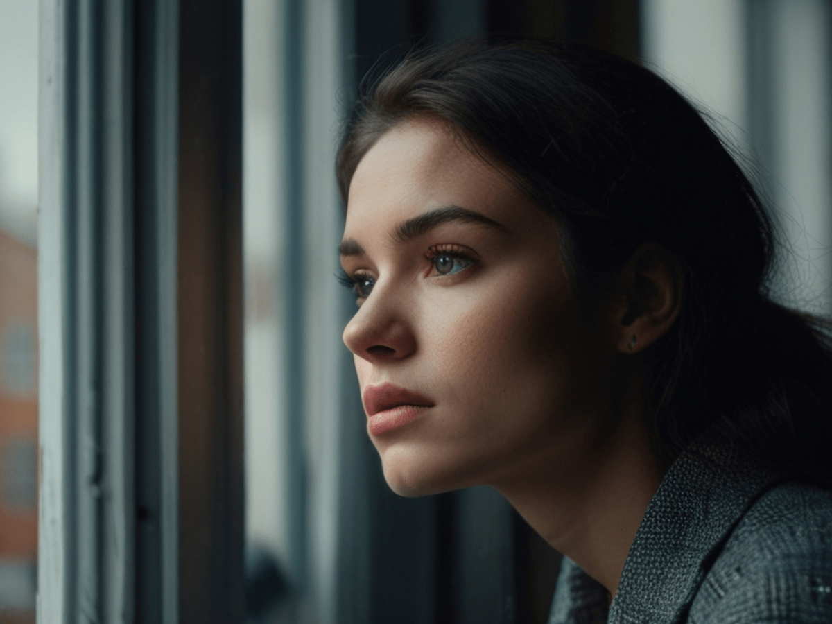 KI-generierte Frau vor einem Fenster, die traurig rausschaut.