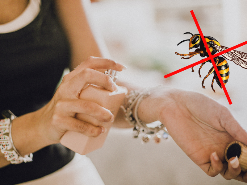 Frau, die sich ein Parfum aufs Handgelenk sprüht und daneben eine durchgestrichene Wespe