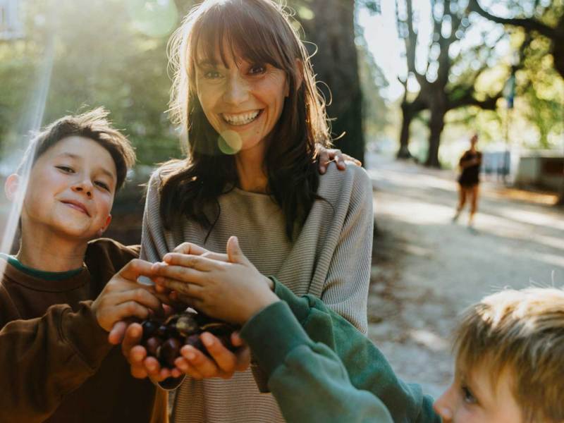 Mutter und Söhne sammeln an einem schönen, sonnigen Herbsttag Kastanien.