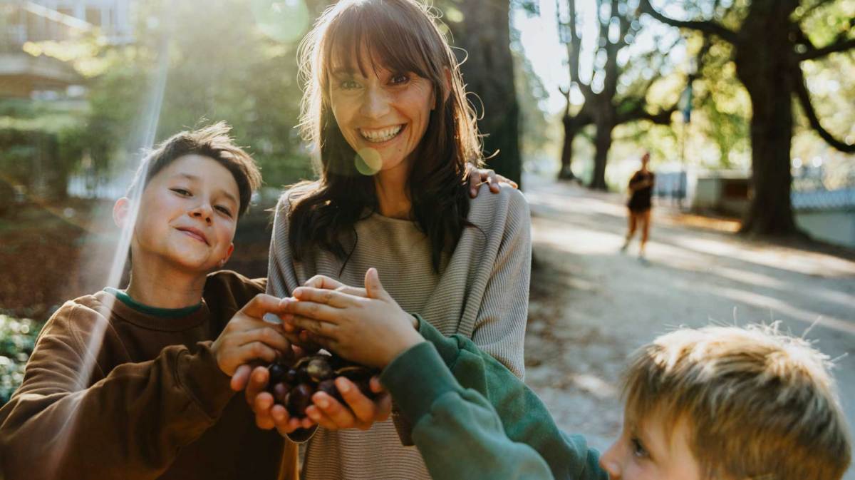 Mutter und Söhne sammeln an einem schönen, sonnigen Herbsttag Kastanien.