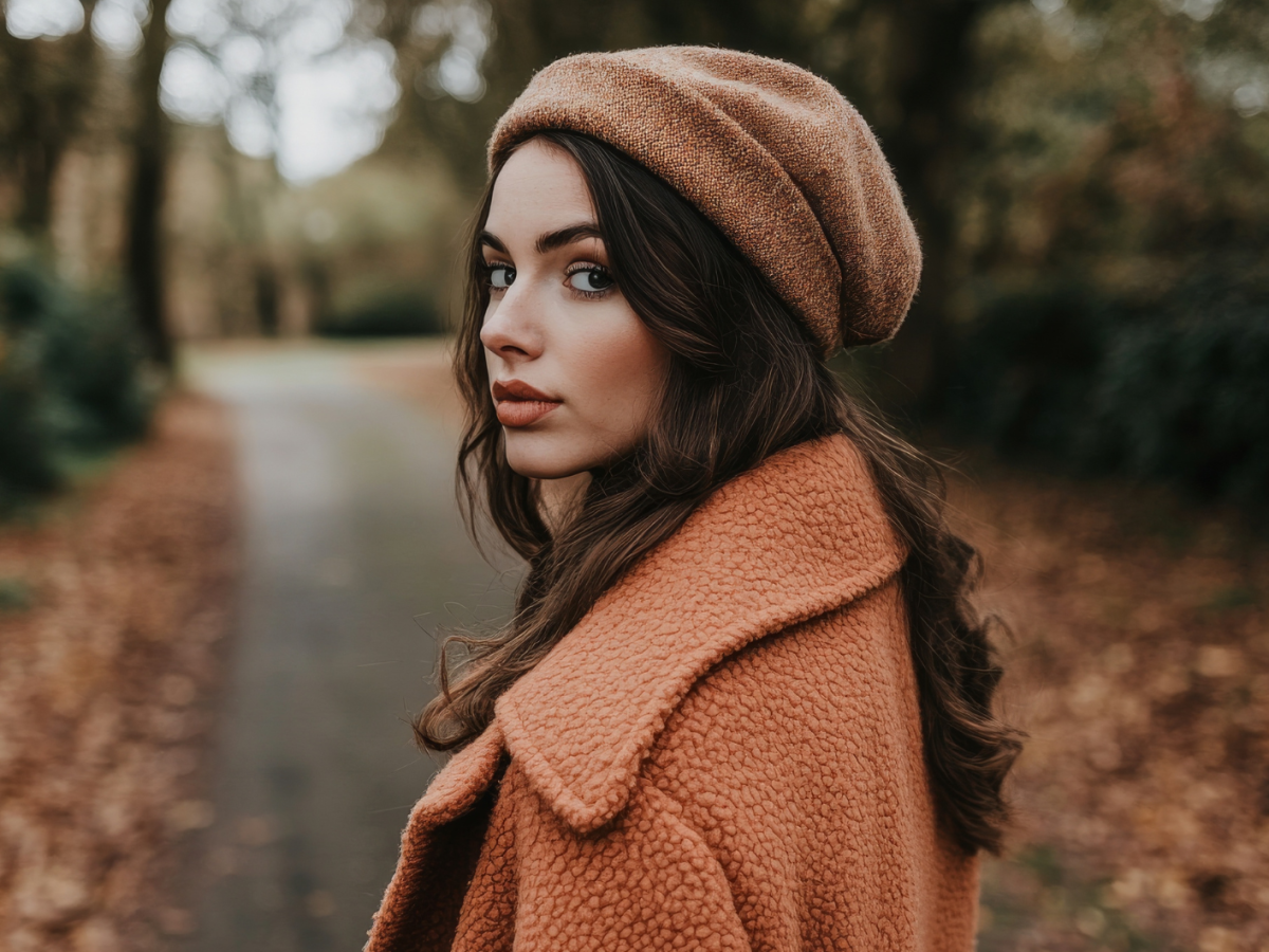 Frau auf einem herbstlichen SPaziergang, die ernst nach hinten schaut und von einer Bl&auml;tterlandschaft umgeben ist.