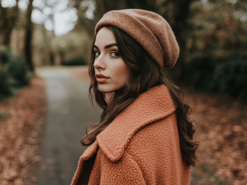 Frau auf einem herbstlichen SPaziergang, die ernst nach hinten schaut und von einer Blätterlandschaft umgeben ist.