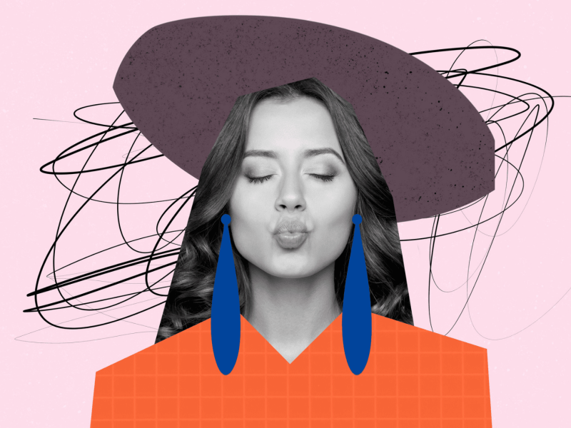 Collage von einer Frau mit blauen Ohrringen.