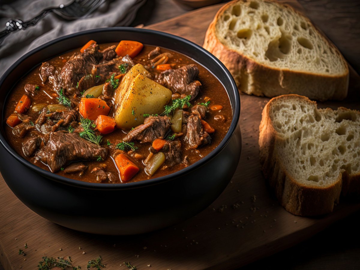 Winzertopf Gericht in einer Schale angerichtet mit Brot