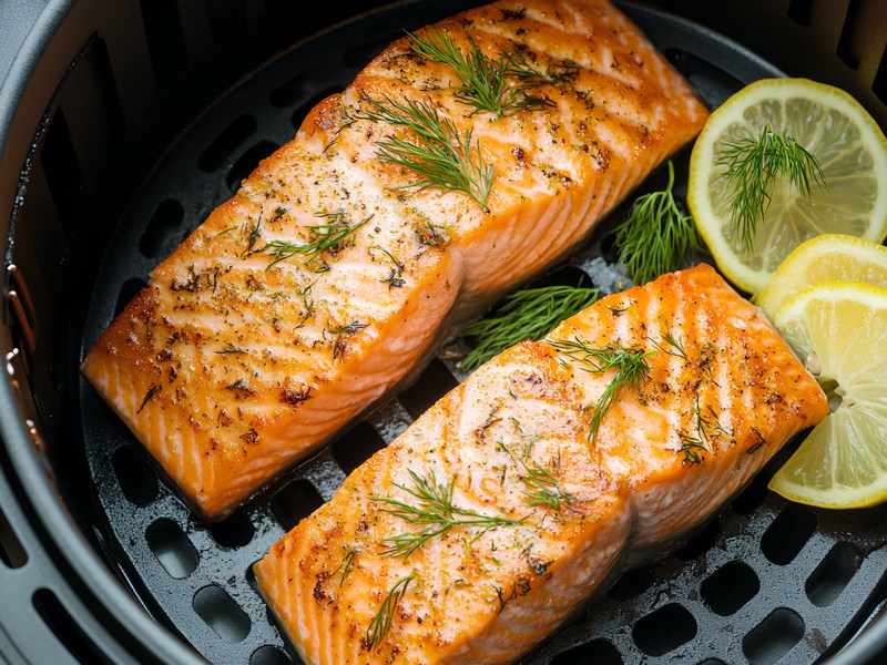 Zwei Stück Lachs mit Dill und Zitrone im Airfryer.