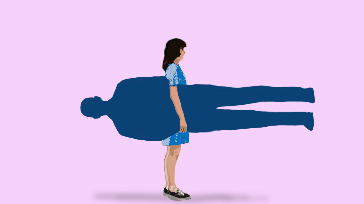 Grafik mit einer Frau, die einen Mann unter dem Arm trägt