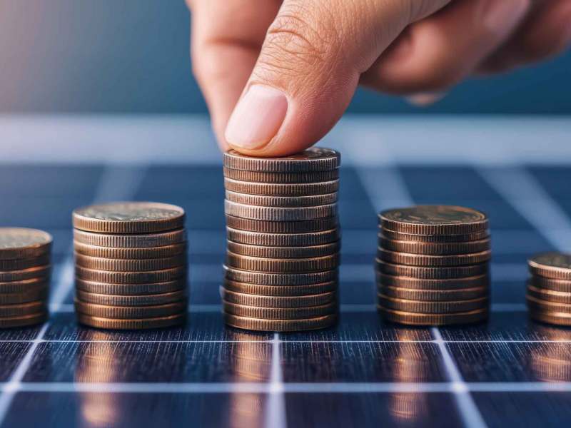 Eine Hand mit hellem Teint stapelt M&uuml;nzen in gleichm&auml;&szlig;igen Stapeln auf einer gl&auml;nzenden Solarzellen-Oberfl&auml;che bei warmem Licht.