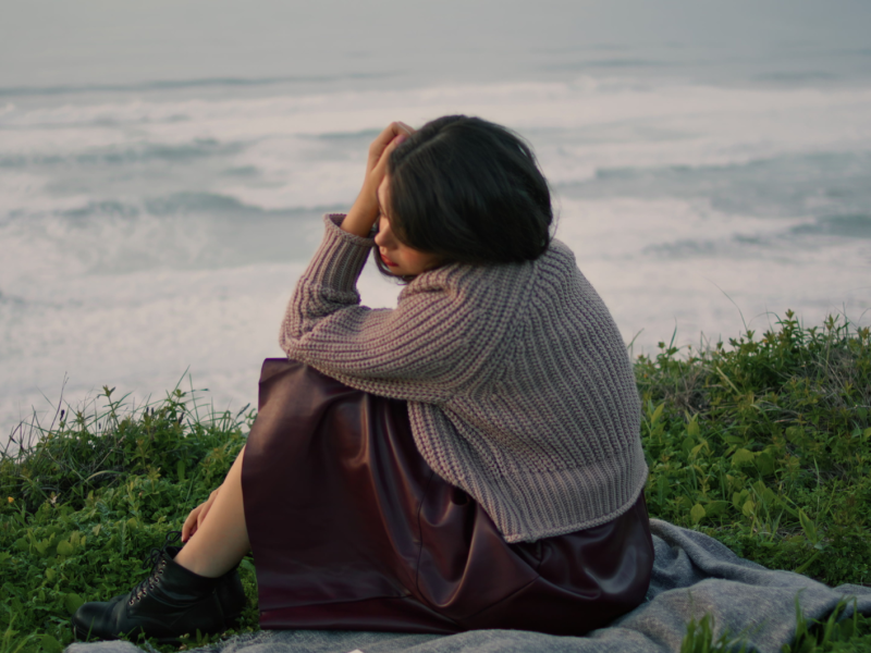 Nachdenkliche Frau mit kurzem dunklem Haar, Strickpullover und Lederrock sitzt auf einer Decke vor einer welligen Meereskulisse.
