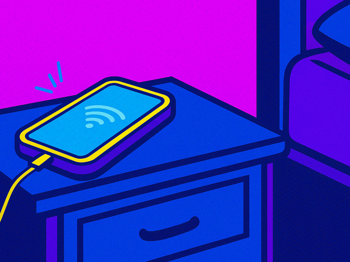 Pop Art Bild eines Smartphones auf Nachttisch, das auflädt