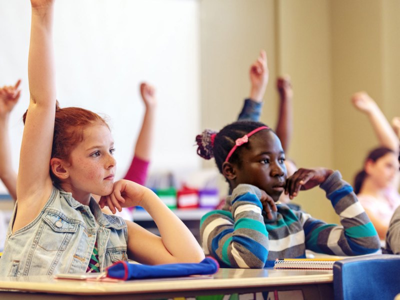 Ausschnitt einer Schulklasse mit Schüler*innen, die sich melden und Schüler*innen, die sich nicht melden.