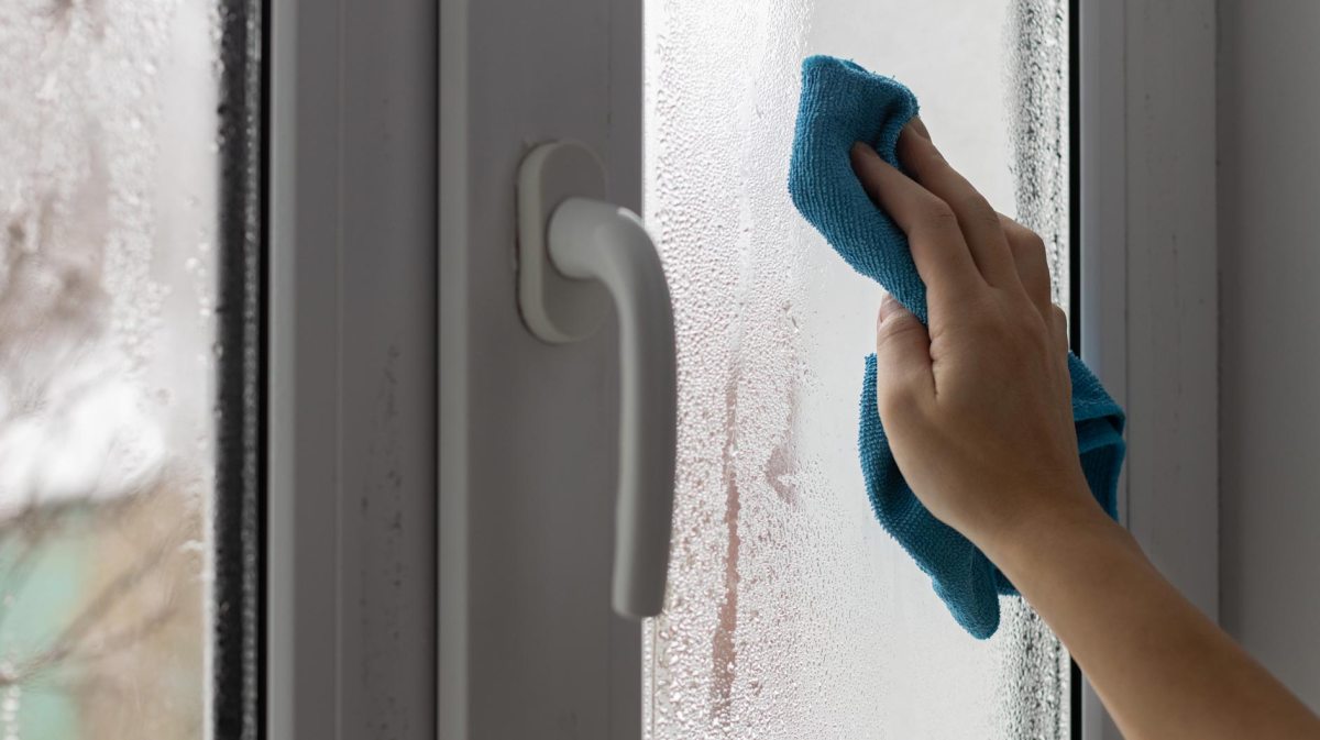 Frau wischt Kondenswasser von Fenster
