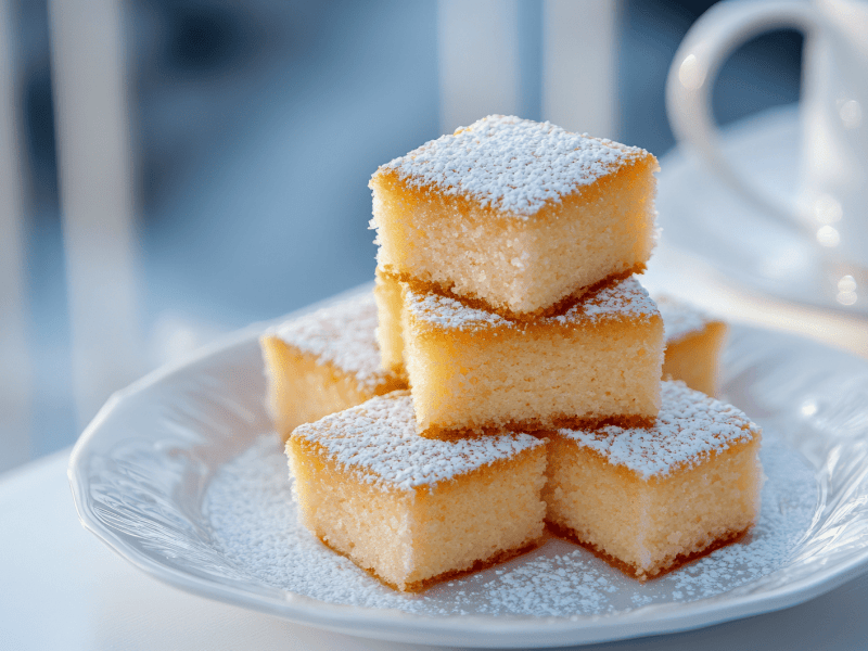 Kuchenstücke auf einander gestapelt auf einem weißen Teller.