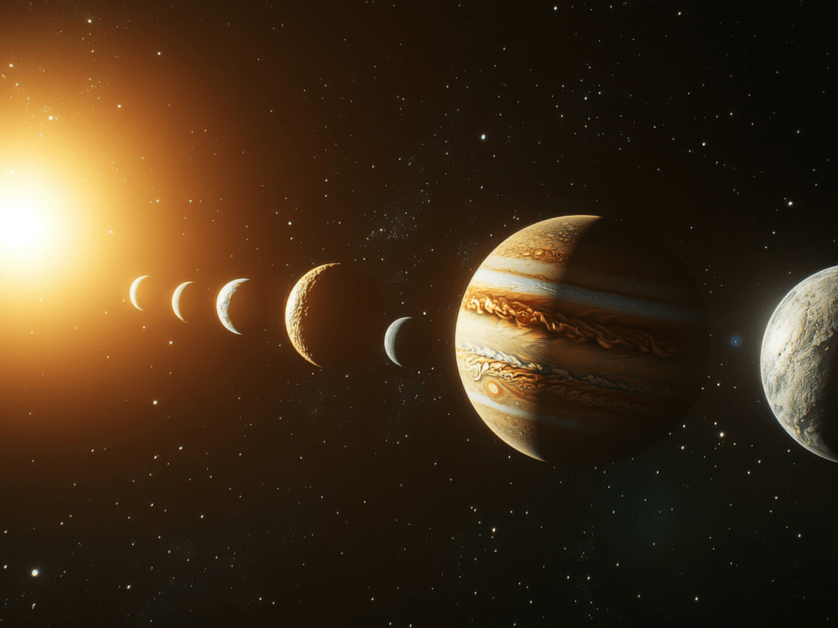 KI-generiertes Bild von mehreren Planeten, die in einer Reihe stehen.