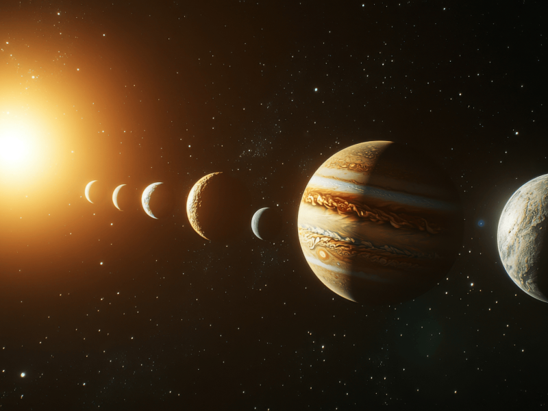 KI-generiertes Bild von mehreren Planeten, die in einer Reihe stehen.