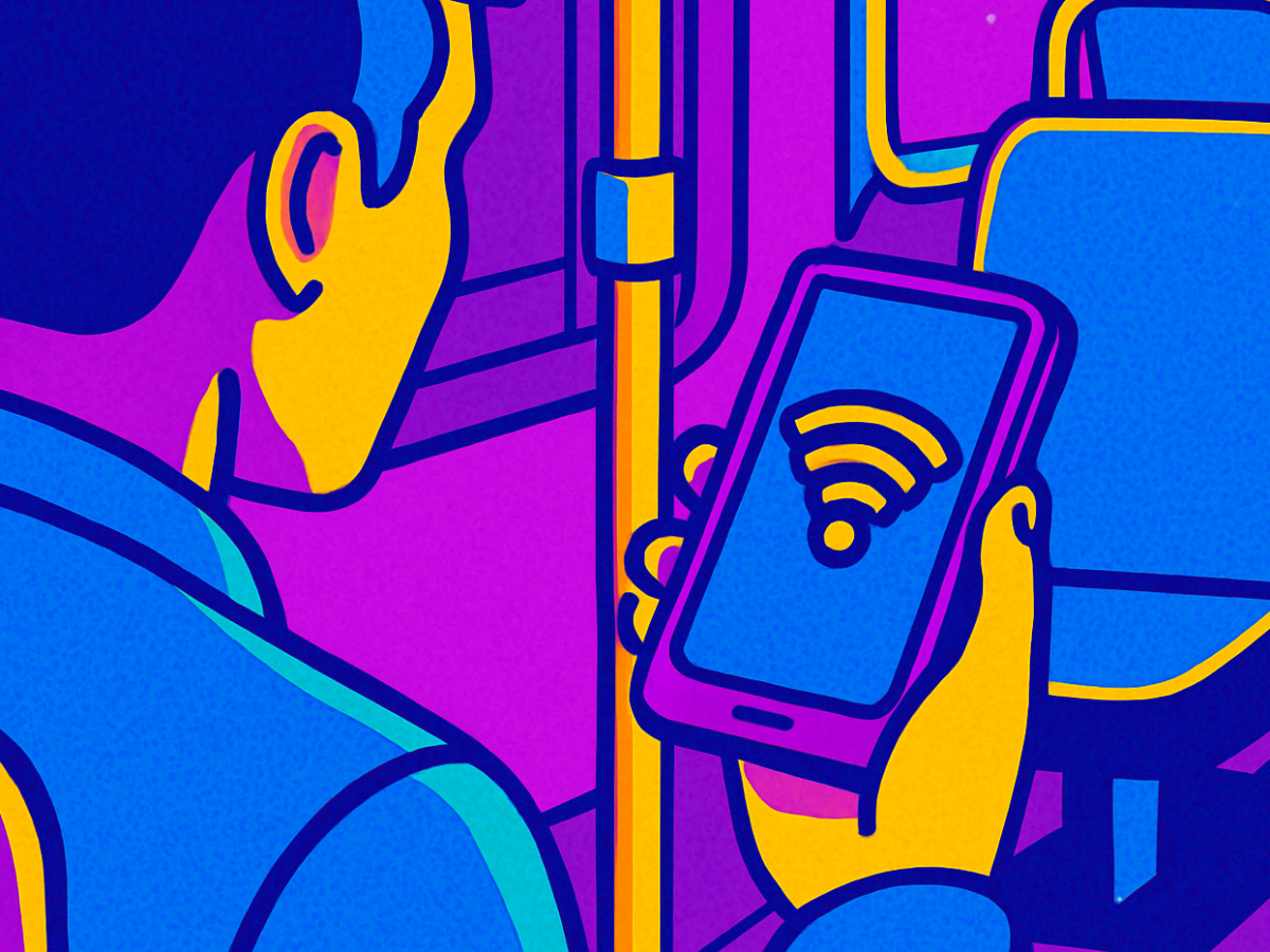 Pop Art Bild eines Mannes, der im Bus sitzt und Handy in der Hand hat, darauf WLAN Symbol